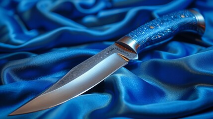 A sharp hunting knife with a detailed blue handle rests on luxurious blue silk fabric highlighting its craftsmanship