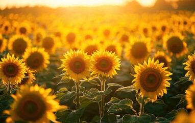Fototapeta premium Endless sunflower fields bathed in warm golden sunlight