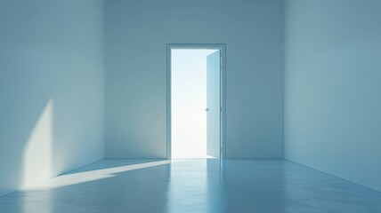 Open door invitation to new beginnings minimalist room photography bright environment side angle conceptual light