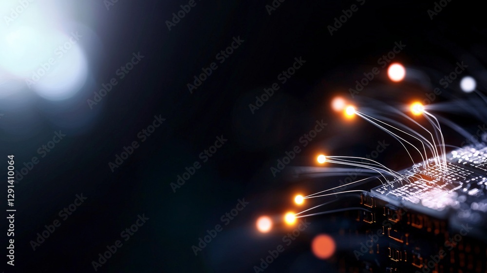 Poster close-up view of circuit board with glowing wires and light effects in a dark background