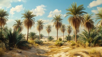 Fototapeta premium Palm trees growing amongst desert sand dunes under cloudy skies