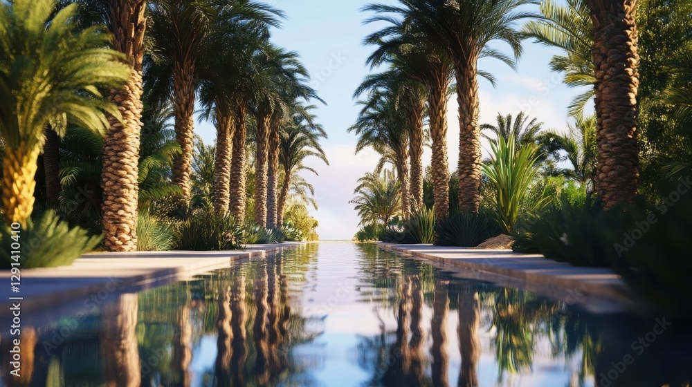 Poster palm trees and a reflecting pool create a serene environment