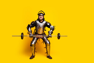 Medieval Knight in Full Armor Holding a Barbell on Bright Yellow Background
