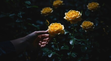 A hand gently touches a blooming yellow rose in a dark garden, surrounded by softly lit flowers - "small yellow flowers"