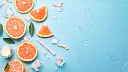 Refreshing Grapefruit Summer Flat Lay: Citrus Slices, Ice, and Milk on a Blue Background AI Generated