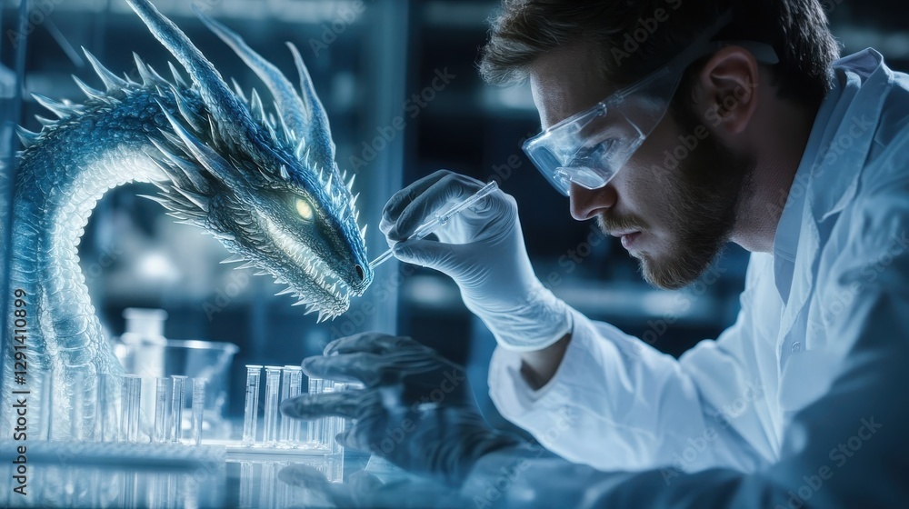 Poster a scientist works with a dragon in a laboratory setting