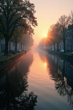 Misty canal waters reflected in calm surface of Ring canal at dawn, sunrise, misty, zuidplaspolder