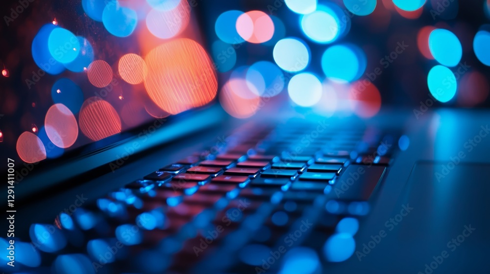 Poster close up of laptop keyboard and screen with abstract blue bokeh background for business use