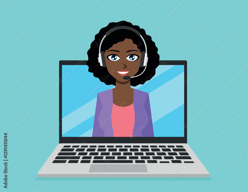 Poster a customer service representative is on the screen of an open and turned on laptop. she is wearing h