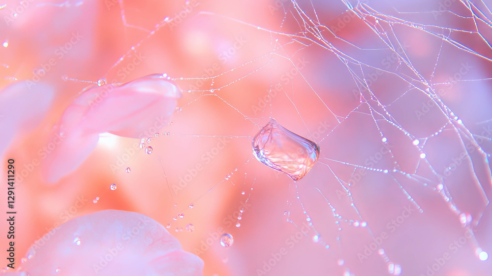 Poster ethereal spiderweb with delicate flowers and dew drops - dreamy nature background for design