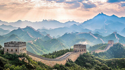 Scenic view of a monumental wall winding through lush green mountains under a soft, ethereal light. Historical architecture meets natural splendor.