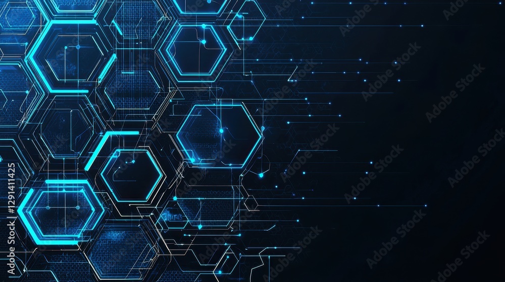 Poster abstract digital background with glowing hexagons and connecting lines in blue tones, representing t
