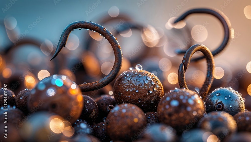 Poster close-up view of metal hooks covered in water droplets with colorful bokeh effect in soft lighting