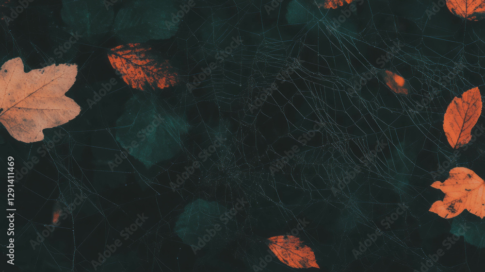 Poster autumn themed background with spiderweb and fallen leaves for seasonal design
