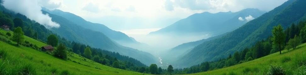 Obraz premium Mist-shrouded valley in the heart of the mountains, greenery, scenery, atmosphere