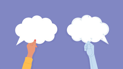 Hands holding conversation bubbles. One hand of a female worker holds a speech bubble, while the other hand is cyber ai. Human collaboration with ai. Flat design Vector illustration.