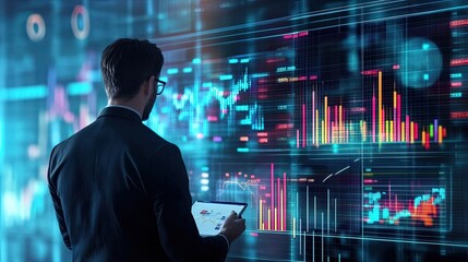 Fototapeta premium Visionary Trader: A focused trader, absorbed in analyzing complex financial data on multiple screens, illustrating the dynamic world of stock trading and market analysis.