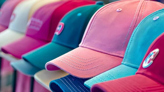 Colorful baseball caps in a row showcasing unique styles and vibrant colors at a casual market setting, Colorful baseball caps displayed in row, with focus on pink cap
