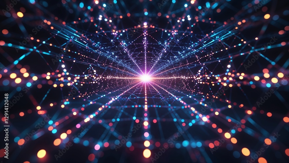 Poster abstract visualization of a vibrant digital network converging towards a bright center