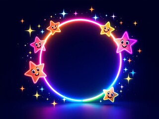 Naklejka premium Neon Stars Frame Cartoon Characters Festive Light Effects Celebration Background Design 93 Char