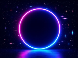 Obraz premium Neon Ring Portal in Galaxy with Dark Space Background and Reflected Floor for a Tech Event 2024