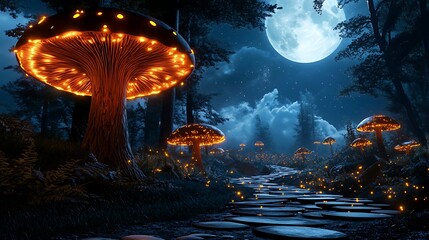 Naklejka premium Enchanted Forest Path: Glowing Mushrooms Under a Full Moon AI Generated