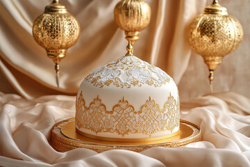 A festive Eid cake in a dome shape, decorated with edible lace patterns and gold foil, placed on a silk fabric with hanging lanterns in the background