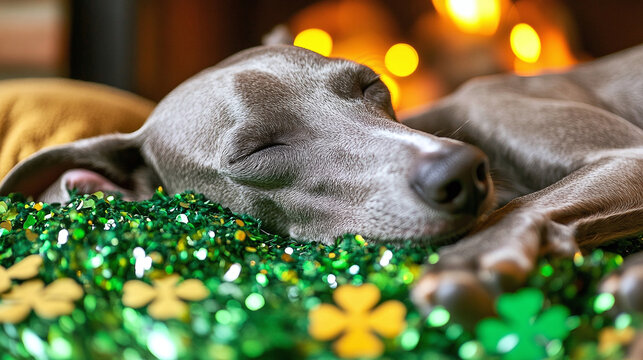 St. Patrick's Day Dog Nap: A dog sleeps peacefully on shamrock decorations. Festive and cozy!