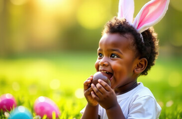 Happy black boy with bunny ears on his head eats a chocolate egg in the yard of the house. Children's Easter hunt.