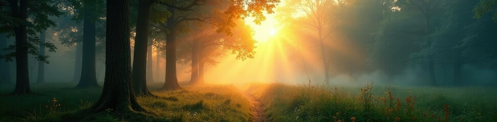 Misty forest at dawn, sunlight filtering through trees, nature, misty