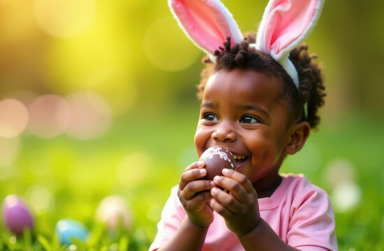Happy black boy with bunny ears on his head eats a chocolate egg in the yard of the house. Children's Easter hunt.