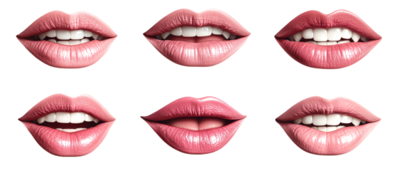 Set of Various Close-Up Views of Realistic Human Lips and Smiles Isolate on Transparent Background, cutout, png