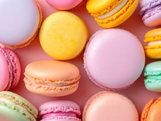 Obraz premium Pastel Macarons Delightful Sweet Treats Variety Colorful Food Photography Close Up Pink Backdrop
