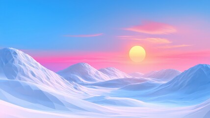 Majestic sunrise over snow-capped mountains remote landscape digital artwork winter wonderland serene view nature's beauty