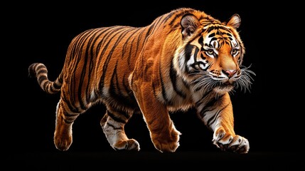 Naklejka premium Majestic tiger stalking, dark background, wildlife photography, zoological use