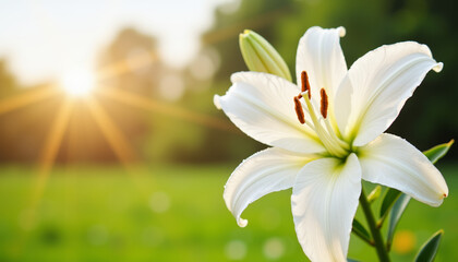 Fototapeta premium White lily in sunlight on a green meadow.