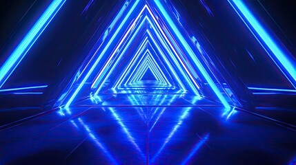 Fototapeta premium Illuminated Path: An abstract display features a sequence of glowing blue triangular frames creating a mesmerizing tunnel effect, reflecting on a surface to enhance the depth.