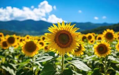 Fototapeta premium Vibrant sunflower fields under a deep blue sky