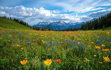 Vibrant wildflower meadow stretching toward distant mountains