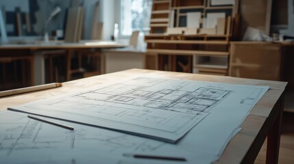 Detailed Blueprint Of Floorplan On Wooden Table In Workshop