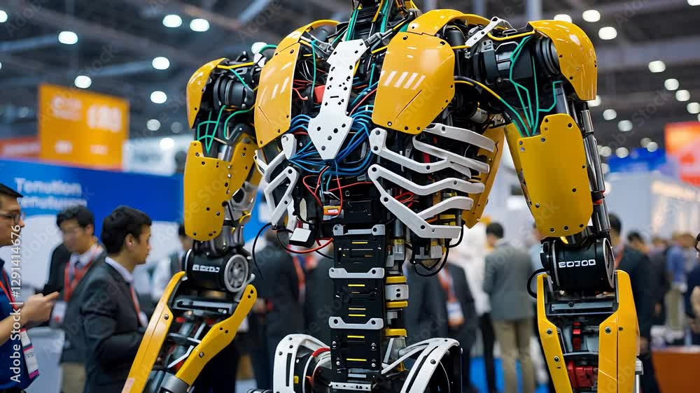 Poster futuristic humanoid robot with advanced ai technology and exposed mechanical components at a high-te