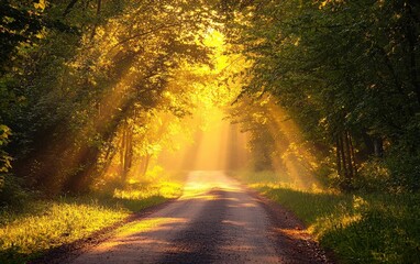 Obraz premium Warm golden rays shining on a peaceful country road