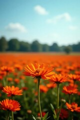 Row of bright orange-red daisy-like flowers in a field, bloom, red flowers