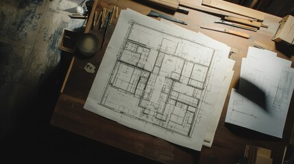 Blueprint of a house on the wooden desk next to tools