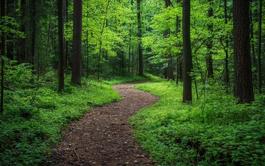Fototapeta premium Winding forest path covered in fresh green leaves