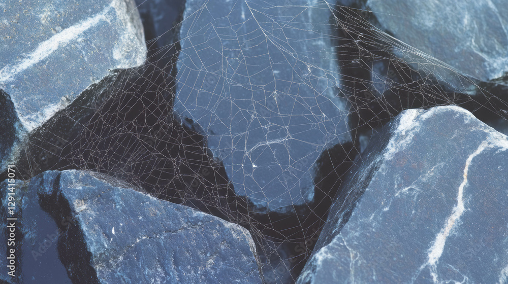 Aufkleber spiderweb elegantly draped across jagged rock formation in natural setting