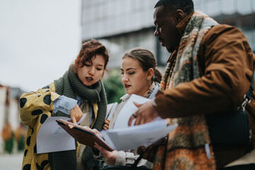 Three multiracial people stand outdoors, collaborating as they discuss and analyze together, holding documents and focused, showcasing teamwork and communication in an urban setting.