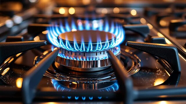 Close-Up of a Gas Stove Burner with Blue Moving Flame in a Modern Kitchen &ndash; Energy, Cooking, and Safety Concept