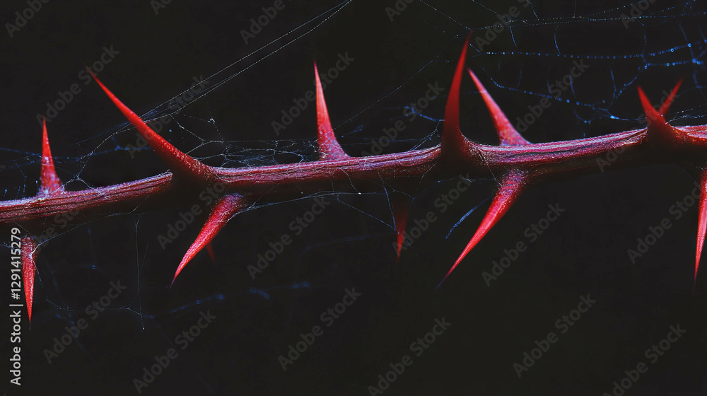 Poster Intricate spiderweb on thorny branch with dark background for nature and halloween design