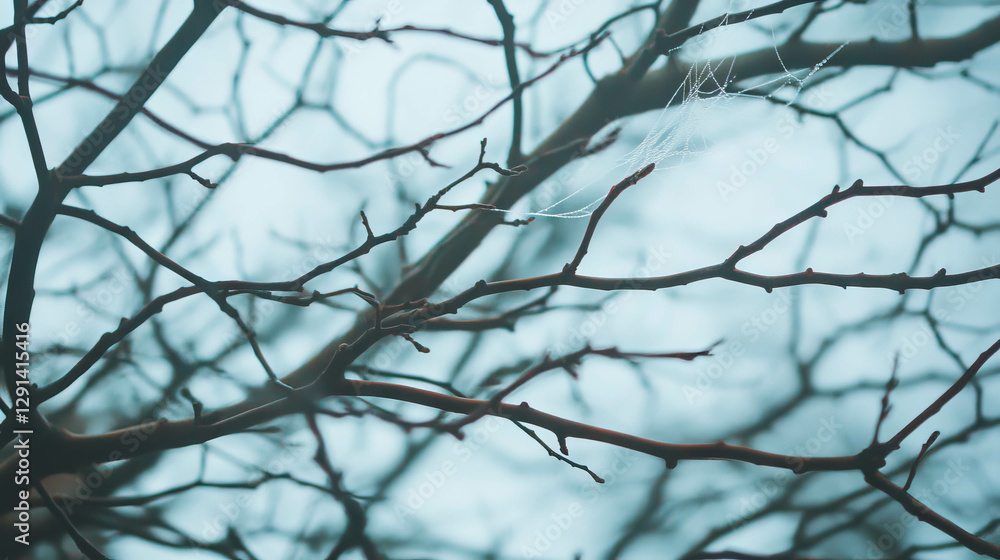 Aufkleber delicate spiderweb on bare tree branches in tranquil nature scene